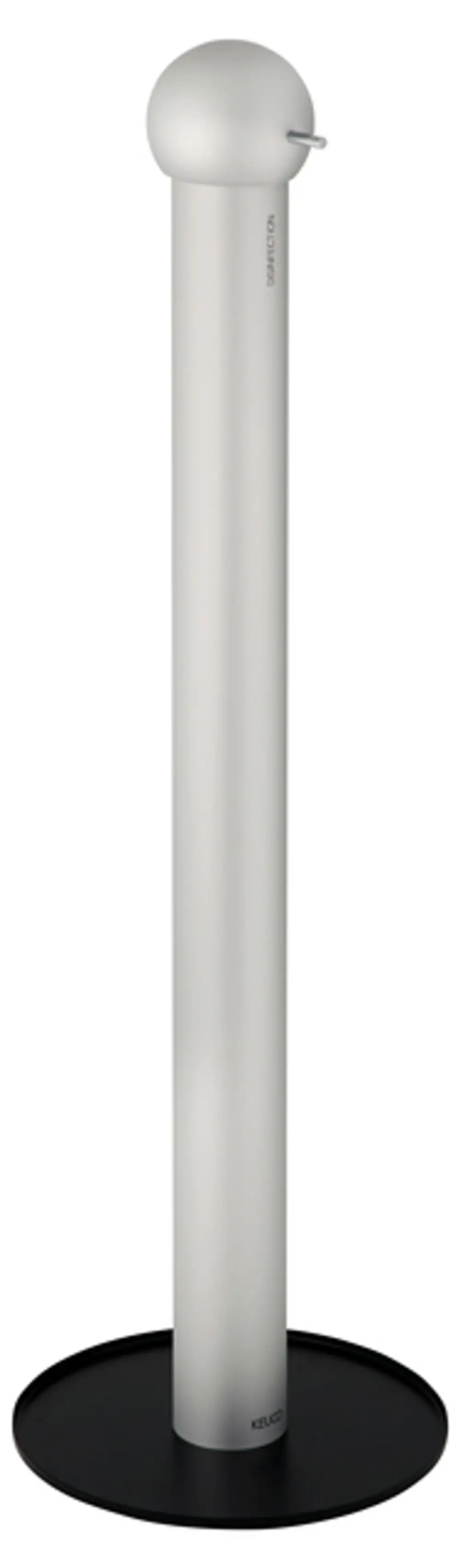 Desinfektionsmittelständer von Keuco mit einem silber-eloxierten, zylindrischen Körper und einem runden, schwarzen Standfuß. Kugelkopf-Design an der Spitze für einfache Handhabung.